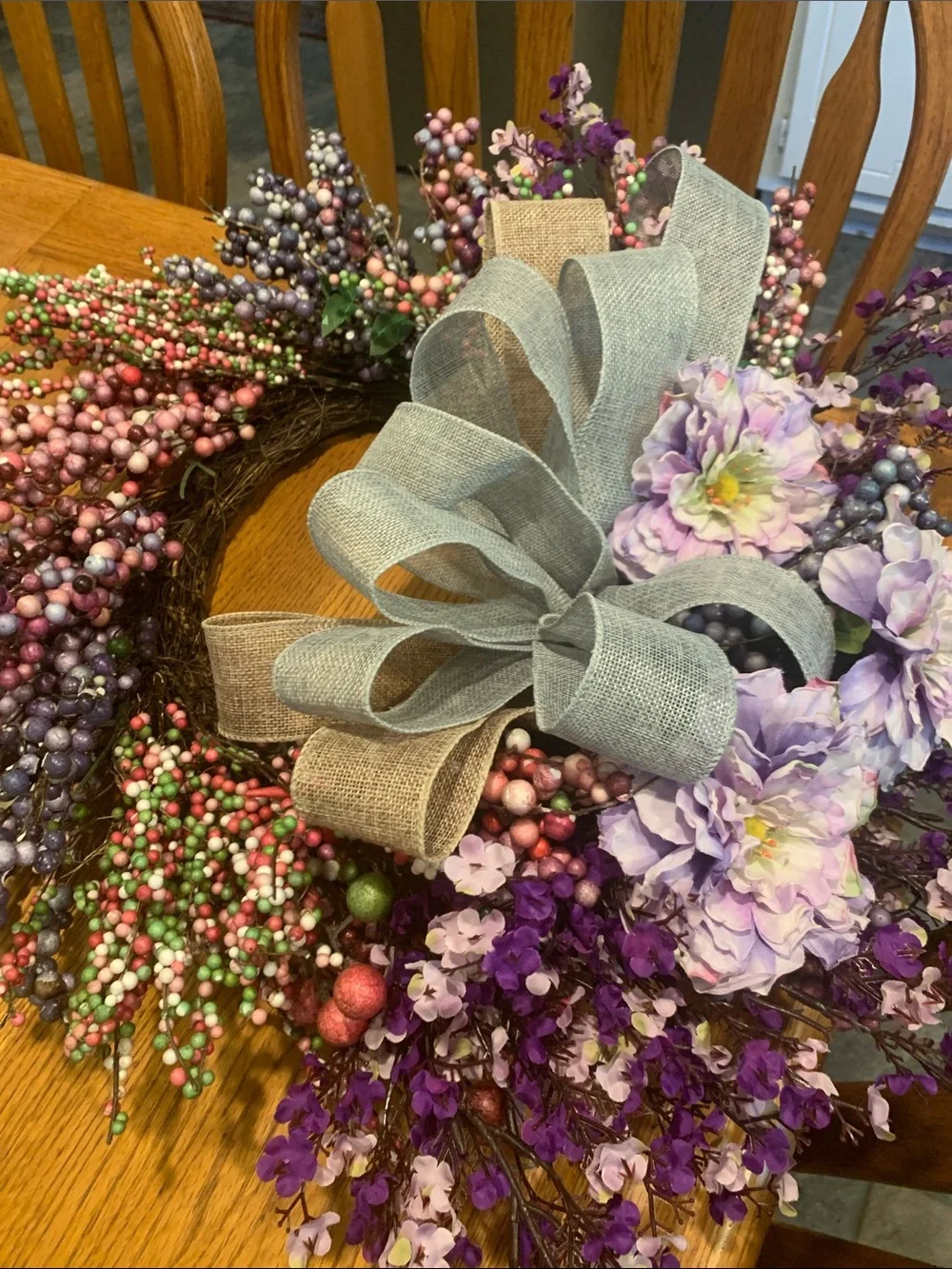 D,s. Handmade Lavender and Pink Berry Wreath with Gray Burlap Bow